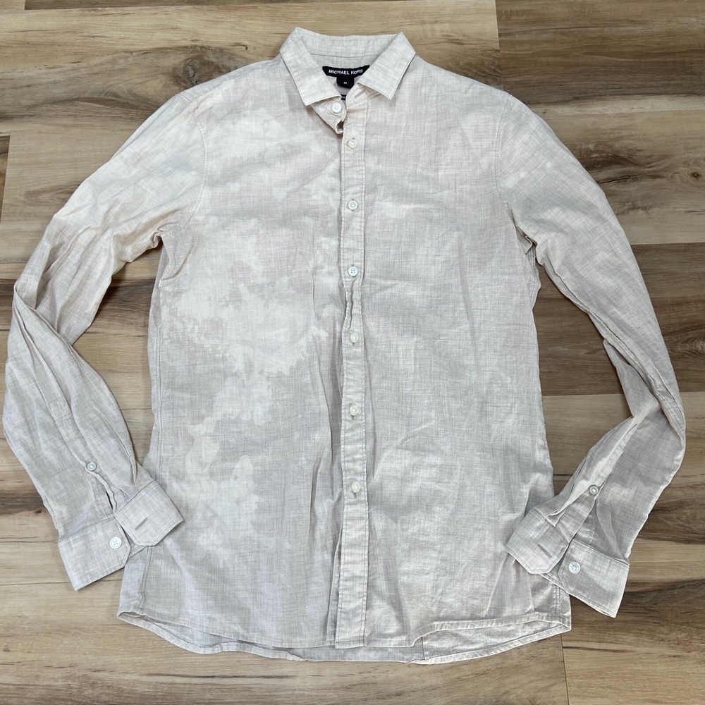 Michael Kors Button Down Shirt Size M Slim Fit Acid Wash Linen Tan Long Sleeve